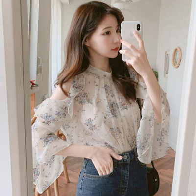 [Spot] spring, summer and autumn New Fashion shoulder-baring Lady printed flared long sleeve chiffon shirt 2023