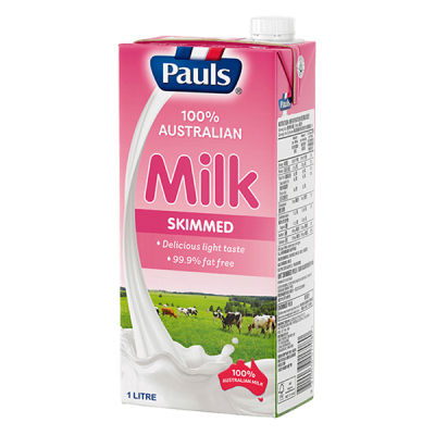 Pauls Skimmed Milk Fat Free 1 Litre พอลล์ น้ำนมโคขาดมันเนย ยูเอชที ขนาด 1 ลิตร (7080)