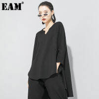 [EAM] Women Black Brief Back Long Temperament Long T-shirt New V-Neck Long Sleeve Fashion Tide Spring Autumn 2022 1S188