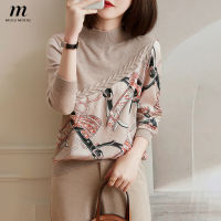 MISUMIXIU 2021 New Print Patchwork Half High Round Neck Knitted Tops for Women Long Sleeve Fashion Temperament Tops Lady