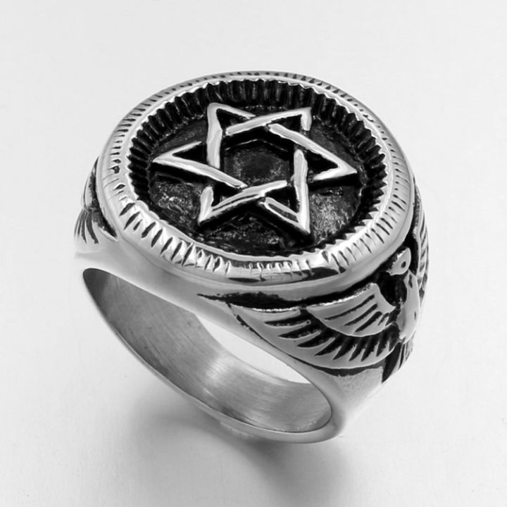 แหวนทหารชายและหญิงคู่ไทเทเนียมสแตนเลสแหวนหกเหลี่ยมดาว-eagle-head-เครื่องประดับมือ-ap2z