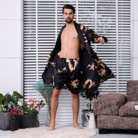 【LZ】✥  Preto de duas peças robe terno masculino dragão de seda vestido de vestir extra grande 5xl robe com dragões roupão de cetim dos homens quimono de seda