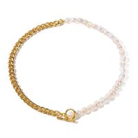 ALLNEWME Chic Freshwater Pearl Chokers Necklaces Women 18K Real Gold Plated Brass Chunky Curb Chain OT Clasp Asymmetry Necklace