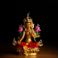 Buddhist Alloy Metal Exquisite Colored Efficacious Tibetan Bodhisattva Green Tara Buddha Gilding Statue Putting Decorations