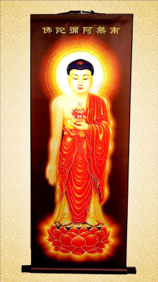 （HOT) ภาพวาดผ้าไหมเลื่อนภาพ Amitabha Buddha พร้อมเพชรสีน้ำตาลภาพวาดแขวนห้องโถงพระพุทธรูปภาพวาดตกแต่งห้องศึกษาภาพวาดพระพุทธรูป