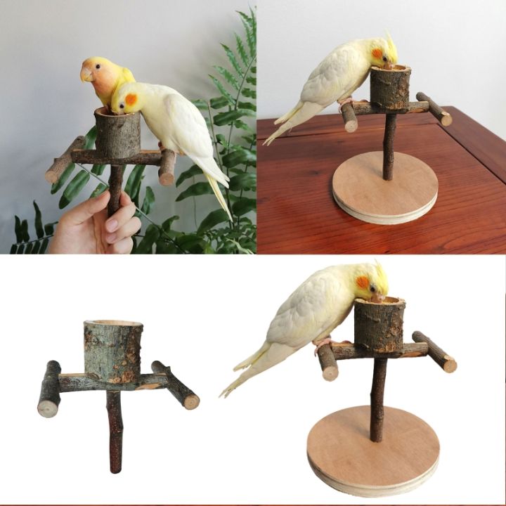 นกไม้คอนนกแก้วยืนบาร์กับชามอาหารไม้ธรรมชาติสำหรับการฝึกอบรมนกขนาดกลางขนาดเล็กง่ายต่อการติดตั้ง