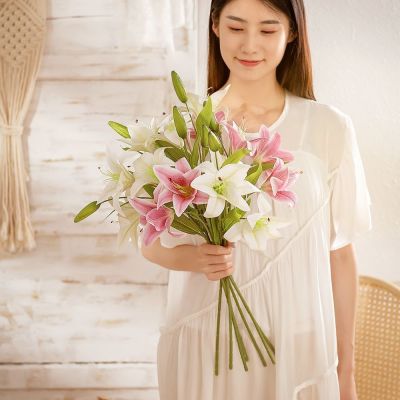 【cw】 1 bunch of home decoration double headprinting lily fake flowerwind simulation flower wedding office decor 【hot】