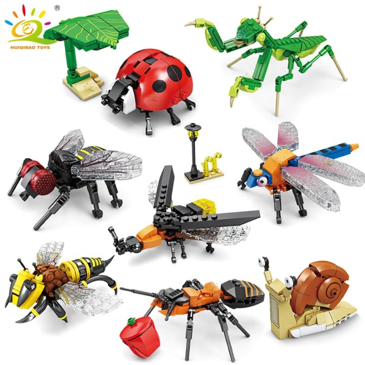 HUIQIBAO Moc ชุดบล็อกตัวต่อบล็อกตัวต่อหุ่นแมลงเต่าทองยักษ์บินผึ้งปริศนาสำหรับเด็ก Untranslated+ สำหรับเด็ก