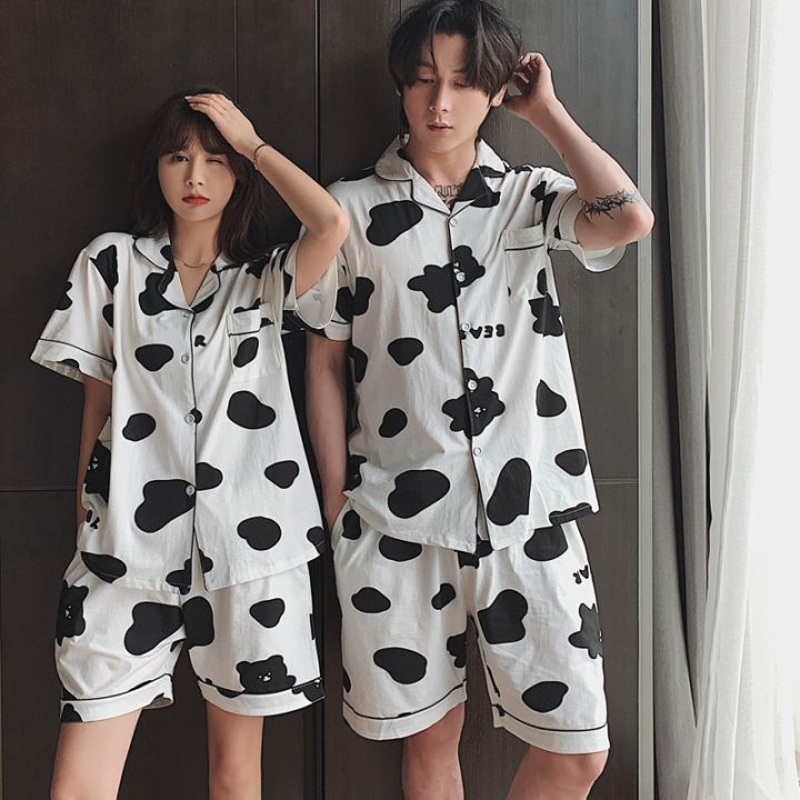 summer-100-cotton-couples-short-sleeve-pajama-sets-for-women-cute-cartoon-cow-shorts-sleepwear-pyjama-men-homewear-clothes