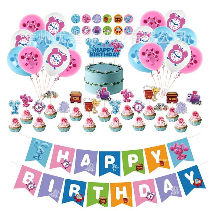 48pcs-set-blues-clues-balloons-blues-clues-party-supplies-blue-dog-cake-topper-banner-balloons-birthday-party-decoration-artificial-flowers-plants