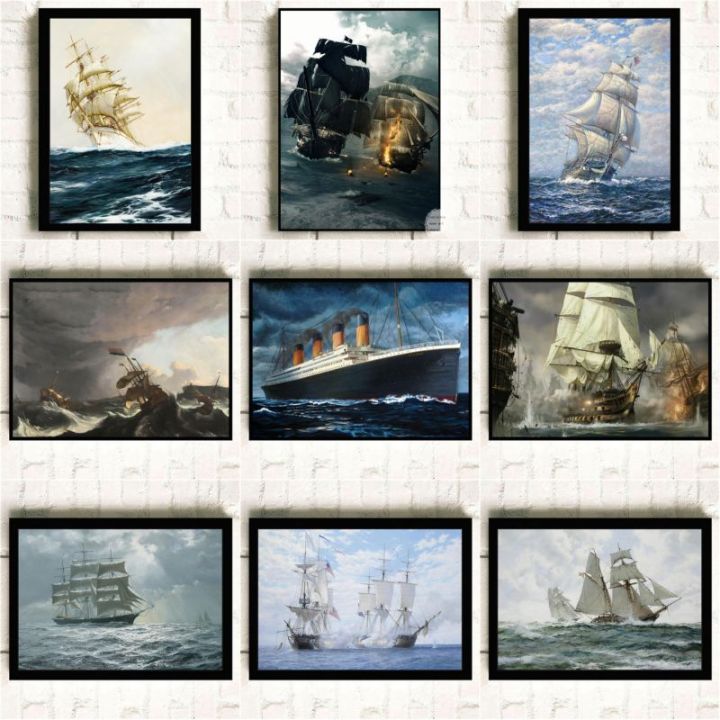 vintage-pirate-ship-blue-sailing-vessel-warship-titanic-เรือ-art-ภาพวาดผ้าใบผนังพิมพ์สำหรับห้องนั่งเล่นตกแต่งบ้าน