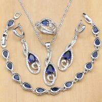 925 Silver Bridal Jewelry Sets Blue Zircon White Stones Coustome For Women Party EarringsPendantRingsBraceletNecklace Set