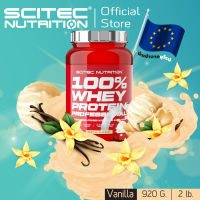 SCITEC NUTRITION (100% Whey Protein 920-Vanilla รสวานิลา)เวย์โปรตีน เพิ่มกล้ามเนื้อ คุมหิว บำรุง ซ่อมแซม ฟื้นฟู) WPC มีฮาลาล