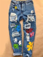 【YD】 Ripped Jeans Fashion Waist Print Trousers With Pockets Bottoms Teen Denim Pant Womens Clothing