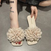 ?№☋ 2023 summer new large-size flat slippers womens outerwear flowers open-toed flip-flops square-toed sandals