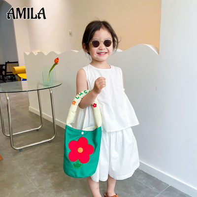 กระเป๋าเด็ก AMILA ปักลายการ์ตูนดอกไม้ถือกระเป๋าผ้าใบกระเป๋าสะพายไหล่ถนนอินเทรนด์