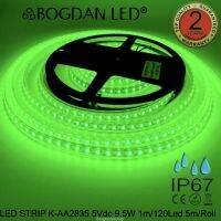 LED STRIP, K-AA2835-120–DC-5V IP67 GREEN ยี่ห้อ BOGDAN LED แอลอีดีไฟเส้นสำหรับตกแต่ง 600LED/5M 47.5W/5M Grade-A ราคาต่อ 1 ม้วน