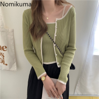 Nomikuma Korean Style Cardigan Women Contrast Color Long Sleeve Knitwear Two Piece Single Breasted Short Tops New Arrival 2021