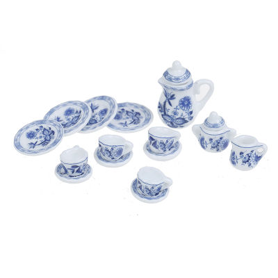 [The Lintas] ถ้วยชากาแฟพอร์ซเลนบนโต๊ะอาหารลายดอกไม้สีฟ้าจำนวน1:12บ้านตุ๊กตาจำนวน15ชิ้น