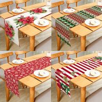 Merry Christmas Snowflakes Poinsettia Red Stripes Decorative Table Runner for Home Dining Table Festival Party Multiple Size