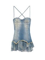 LUXE &amp; ENVY High Girl Slim Fit Slim Tassel Stitching Lotus Leaf Lace Fishtail Skirt Suspender Denim Skirt