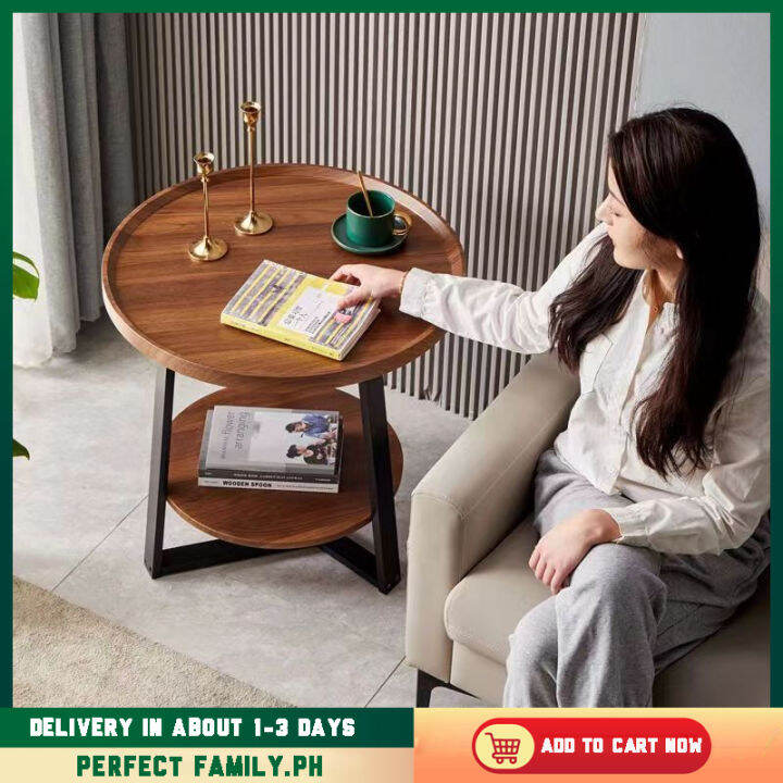 Side Tea Table 20 Inches Round Coffee Table, Rustic Wooden Surface Top