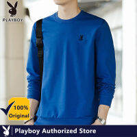 PLAYBOY เสื้อยืดแขนยาวผู้ชาย,คอกลมแฟชั่นฤดูใบไม้ร่วงเรียบง่ายเสื้อกันหนาวปักโลโก้เกาหลี