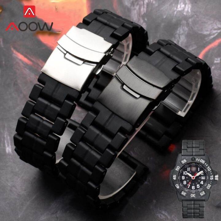 พลาสติกสีดำ-23-มม-สายไฟเบอร์เหล็กสำหรับ-luminox-1800-3080-6250-3050-8800-หัวเข็มขัดพับผู้ชายสร้อยข้อมือนาฬิกา