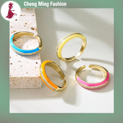 Cheng Ming แหวนนิ้วมือทองแดงแฟชั่นแบบเรียบง่ายหรูหราเพทายฝังเลี่ยมขนาดเล็กของขวัญเครื่องประดับแหวนเปิดปรับได้ทรงเรขาคณิต