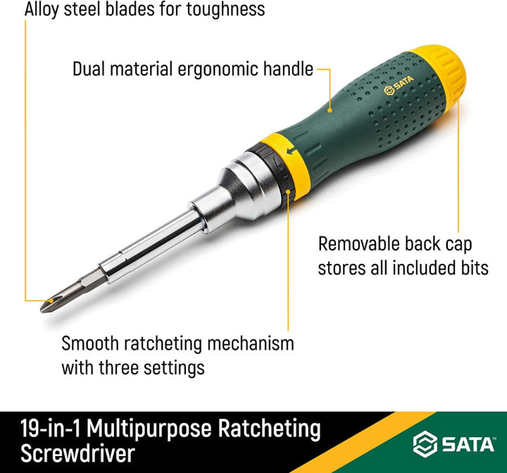 sata-19-in-1-multipurpose-ratcheting-screwdriver-set-with-8-double-sided-bits-and-a-green-and-yellow-oil-resistant-handle-st09350-10-piece-10-piece-set