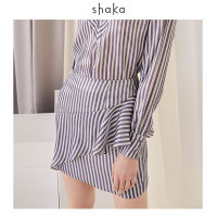 Shaka SS21 Organza Stripe Printed Mini Skirt กระโปรงสั้น ผ้าออแกนซ่าพิมพ์ลายทาง ขอบเอวในตัว แต่งระบายด้านหน้า - SK-S210316