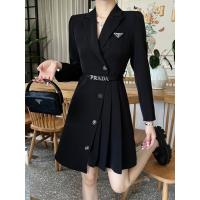 FES1 PRA * A 23 autumn and winter New suit pleated dress chest triangle logo with letter belt fashionable all-match women