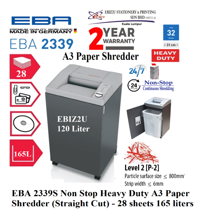 Eba 2339 S Non Stop Heavy Duty A3 Paper Shredder Straight Cut 28