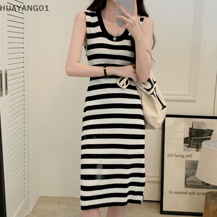 huayang01-2023-new-hot-fashion-lazlook-2023-womens-wear-ใหม่สไตล์เกาหลี-round-neck-contrast-สีลายแขนกุด-casual-dress-midi-fashion-summer-holiday-daily-dress