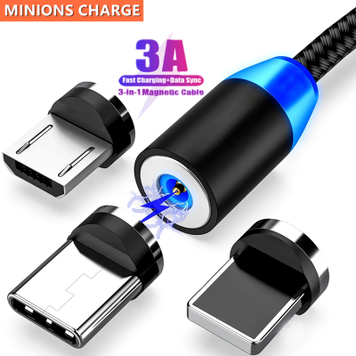 สาย USB หัวแม่เหล็ก3A LED ชาร์จเร็วชนิด C สายชาร์จข้อมูลสายโทรศัพท์มือถือเคเบิลไมโคร USB สายสำหรับ IPhone USB Xiaomi Redmi โทรศัพท์มือถือ