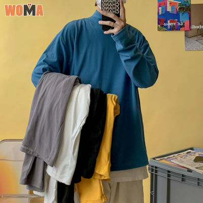 WOMA เสื้อยืดคอเต่าแขนยาวครึ่งตัว เสื้อชั้นในสีทึบสไตล์เกาหลีของผู้ชาย เสื้อสวมหัวลำลองสำหรับนักเรียนทรงหลวมแบบอินเทรนด์