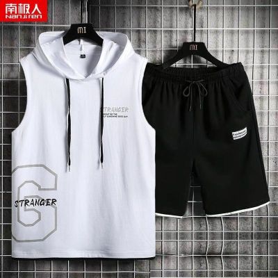 【Ready】🌈 summer hooded v mens suit y loose seless v casl mens sports suit