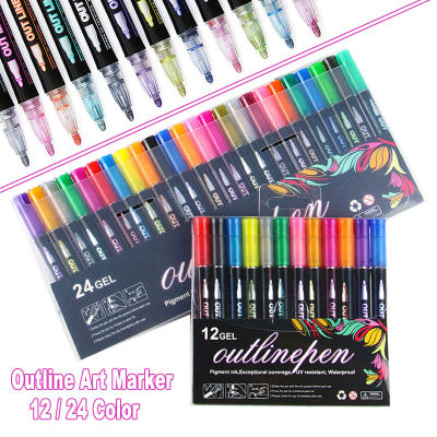 12Pcs 24Pcs Color Double Line Outline Art Marker Pen DIY Graffiti Highlighter For Scrapbook Diary Poster Card Painting Drawing