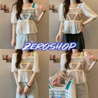 Zero shop?พร้อมส่ง? (Zero-71053) เสื้อถักไหมพรมขอบระบายชีฟอง แขนสั้น แขนซีฟอง -C