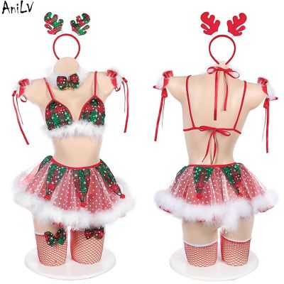 [Cos imitation] AniLV Christmas Tree Bling Snowflakes Miss Cupcake กระโปรงชุดนอนชุดเครื่องแต่งกายผู้หญิงเซ็กซี่สีแดงสีเขียวลายสก๊อตชุดชั้นในคอสเพลย์