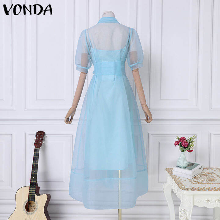 western-style-vonda-party-women-fashion-solid-color-pleated-puff-sleeve-long-maxi-dresses