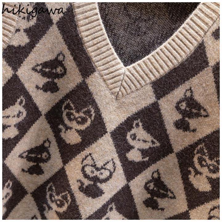 higigawa-เสื้อกั๊กผู้หญิงเสื้อผ้าแมว-kawaii-v-คอ-y2k-วินเทจเสื้อกันหนาวแขนกุด-o-versize-ท็อปส์พืชสำหรับหญิงแฟชั่นเกาหลีเสื้อ