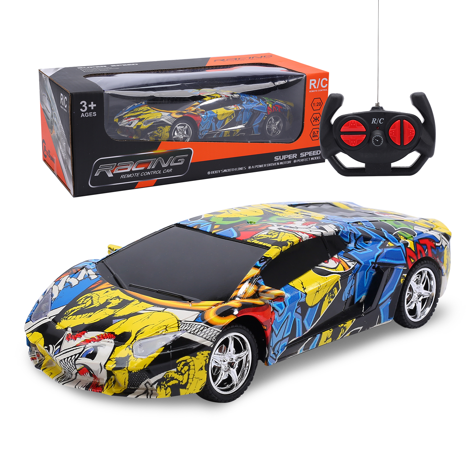 Remote Control Car,1/18 Scale Electric Graffiti RC Cars with Lights Sport Racing Hobby Toy Car Yellow Model Vehicle Xmas Gifts for Boys Girls Adults with Controller 