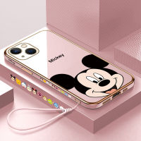 เคสสำหรับ Apple โทรศัพท์ iPhone 15 Plus 15 Pro 15 Pro Max ฟรีสายคล้องมิกกี้เมาส์ขอบสี่เหลี่ยมลวดลายเคสโทรศัพท์ชุบหรูหราชุบเคสโทรศัพท์นิ่ม