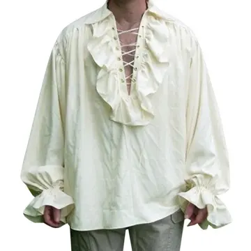 Pirate Shirt Men's 100% Rayon Laced Front Ruffled White Or Black Costume  Shirt