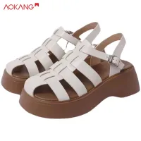 [AOKANG insole thickening knitted hollow Roman sandals women