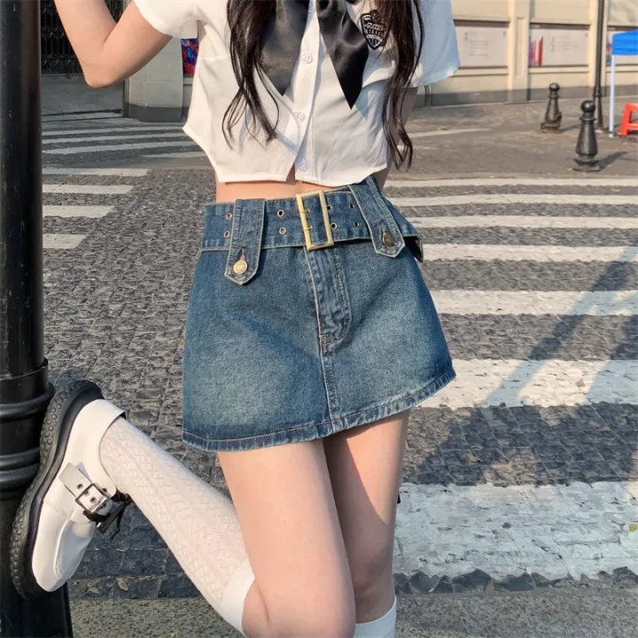 GETADME Y2K Spicy Girl Cowboy Short Skirt Retro Washed Outdated Low Waist Split Open Umbilical pleated Skirt