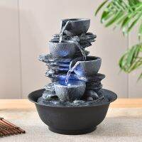 Indoor Electric Tabletop Fountain With LED Lights - Decorative Tiered Rock And Waterfall Design - Quiet And Soothing Water Sound