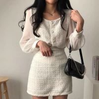 COD DSFERTGERRYYY Spring Vintage Women Tweed Suits Square Neck Splice Chiffon Puff Cardigans Tops High Waist Wrap Hip Skirts Fashion Slim Two Piece Sets