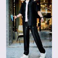 【July hot】 European station casual suit summer new high-end solid stripe fashion trendy mens high street